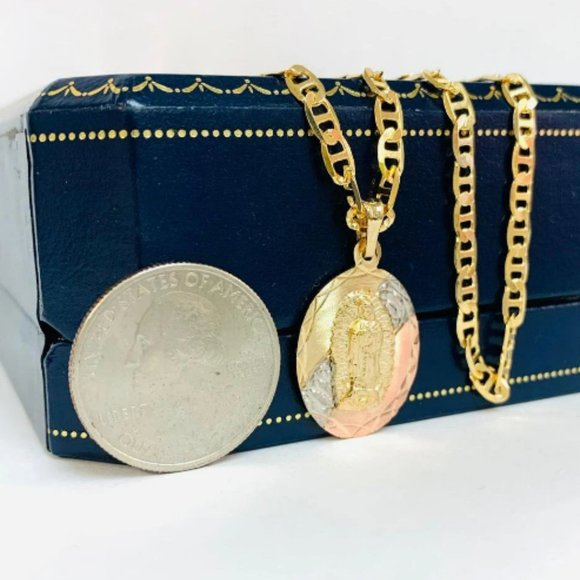 Virgen de Guadalupe Necklace Pendant Mariner Link Chain 20" for Womens in Gold F - Picture 4 of 7